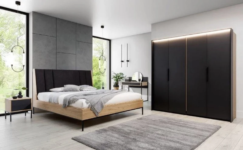 Casa Padrino Luxus Schlafzimmerschrank Schwarz / Naturfarben - Massivholz Kleiderschrank mit 2 Türen - Schlafzimmer Möbel - Hotel Möbel - Luxus Möbel - Luxus Einrichtung