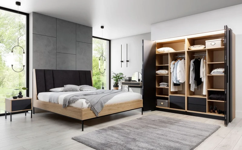 Casa Padrino Luxus Schlafzimmerschrank Schwarz / Naturfarben - Massivholz Kleiderschrank mit 2 Türen - Schlafzimmer Möbel - Hotel Möbel - Luxus Möbel - Luxus Einrichtung