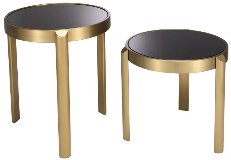 Casa Padrino Luxus Beistelltisch Set Messing / Schwarz - 2 runde Edelstahl Tische mit Glasplatten - Wohnzimmer Möbel - Hotel Möbel - Luxus Möbel - Luxus Einrichtung - Möbel Luxus