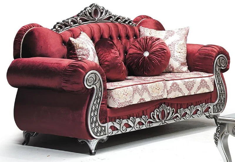Casa Padrino Luxus Barock 2er Sofa Bordeauxrot / Creme / Silber - Prunkvolles Wohnzimmer Sofa mit Muster und Glitzersteinen - Wohnzimmer Möbel im Barockstil - Barock Möbel - Edel & Prunkvoll