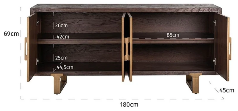 Casa Padrino Luxus Sideboard Braun / Messing 180 x 45 x H. 86 cm - Massivholz Schrank mit 4 Türen - Wohnzimmer Möbel - Wohnzimmer Einrichtung - Luxus Möbel - Luxus Einrichtung