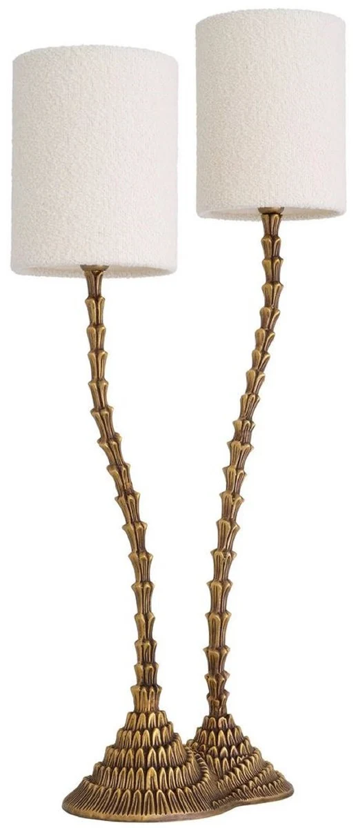 Casa Padrino Luxus Doppel Tischleuchte Vintage Messing / Weiß 27,5 x 15 x H. 78 cm - Schreibtischleuchte im Palmen Design - Luxus Tischleuchten - Luxus Schreibtischleuchten - Luxus Qualität