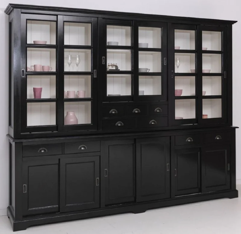 Casa Padrino Landhausstil Esszimmerschrank Schwarz / Weiß 280 x 55 x H. 225 cm - Massivholz Küchenschrank - Esszimmer Möbel im Landhausstil - Landhausstil Esszimmer Einrichtung