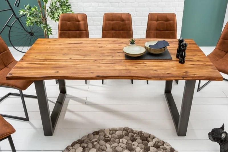 Casa Padrino Massivholz Esstisch Braun / Grau 200 x 100 x H. 76,5 cm - Moderner Küchentisch mit massiver Akazienholz Tischplatte und Metall Beinen - Massivholz Esszimmer Möbel