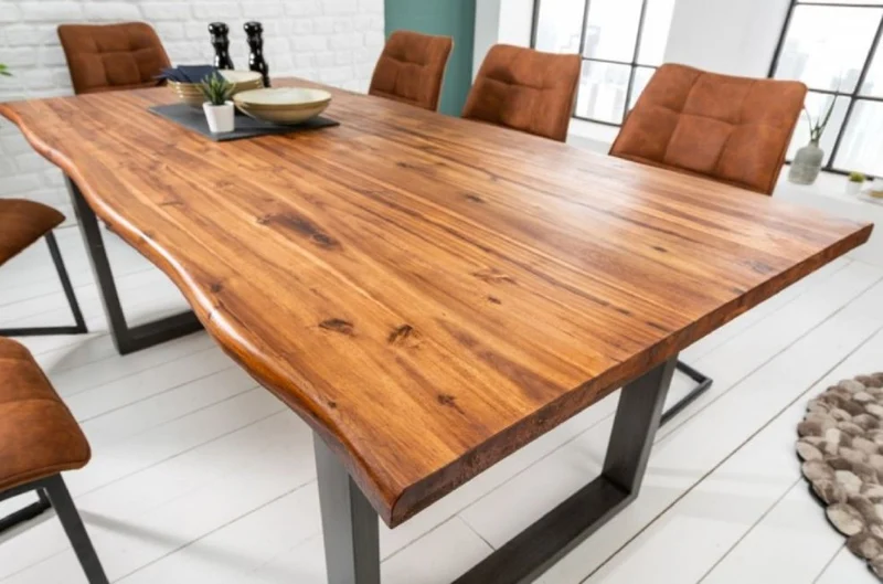 Casa Padrino Massivholz Esstisch Braun / Grau 200 x 100 x H. 76,5 cm - Moderner Küchentisch mit massiver Akazienholz Tischplatte und Metall Beinen - Massivholz Esszimmer Möbel