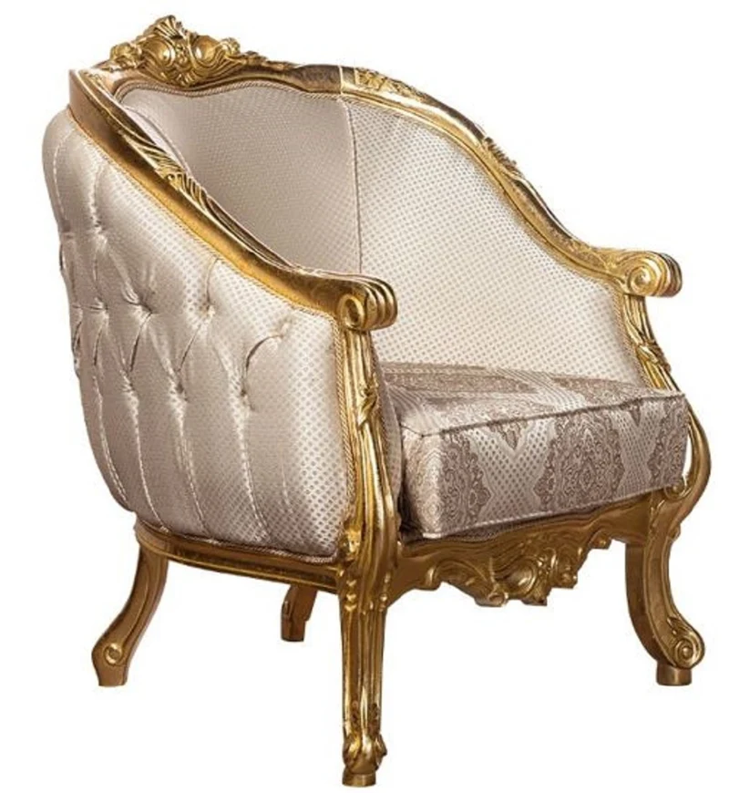 Casa Padrino Luxus Barock Wohnzimmer Sessel Beige / Gold - Handgefertigter Barockstil Sessel mit elegantem Muster - Prunkvolle Barock Wohnzimmer Möbel