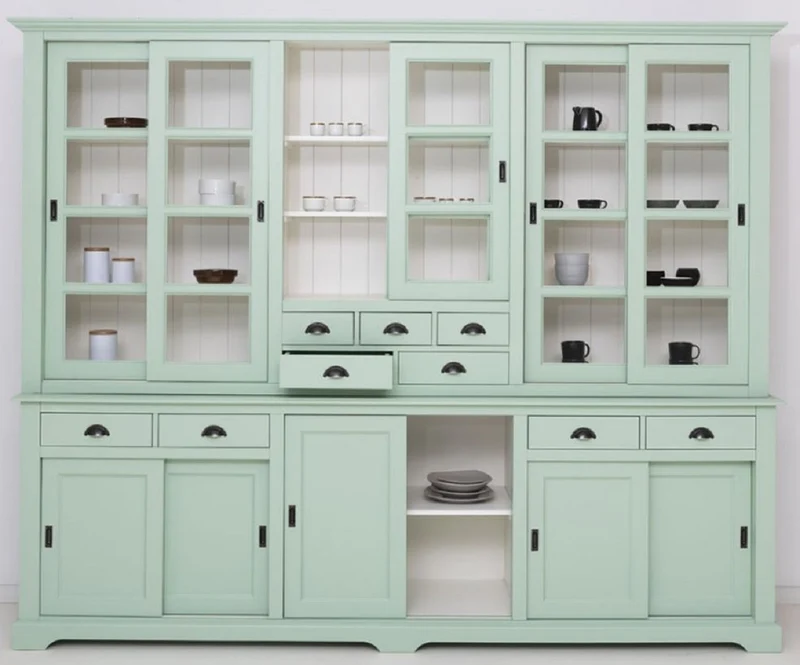 Casa Padrino Landhausstil Esszimmerschrank Mintgrün / Weiß 280 x 55 x H. 225 cm - Massivholz Küchenschrank - Esszimmer Möbel im Landhausstil - Landhausstil Esszimmer Einrichtung