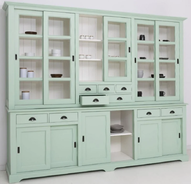 Casa Padrino Landhausstil Esszimmerschrank Mintgrün / Weiß 280 x 55 x H. 225 cm - Massivholz Küchenschrank - Esszimmer Möbel im Landhausstil - Landhausstil Esszimmer Einrichtung