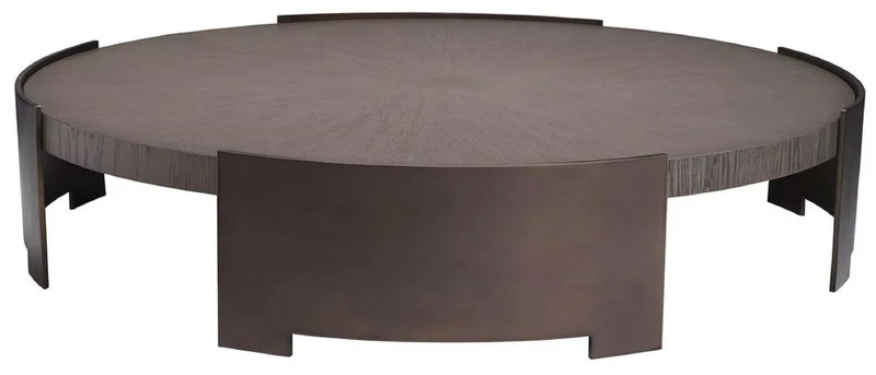 Casa Padrino Luxus Couchtisch Grau / Bronze Ø 118,5 x H. 24,5 cm - Runder Wohnzimmertisch mit Massivholz Tischplatte - Wohnzimmer Möbel - Massivholz Möbel - Luxus Möbel - Luxus Einrichtung