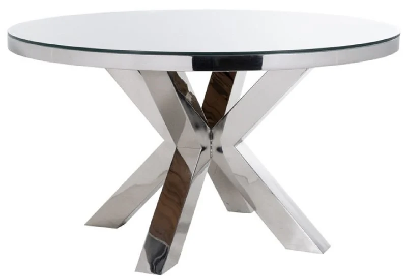 Casa Padrino Luxus Esstisch Silber / Braun Ø 140 x H. 75 cm - Runder Edelstahl Küchentisch mit Massivholz Tischplatte und Glasplatte - Esszimmer Möbel - Luxus Möbel - Luxus Einrichtung