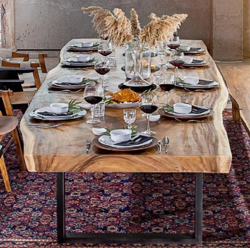 Casa Padrino Luxus Esstisch Naturfarben / Schwarz 400 x 100-120 x H. 76 cm - Rechteckiger Küchentisch mit Massivholz Tischplatte - Esszimmer Möbel - Küchen Möbel - Luxus Möbel - Luxus Einrichtung