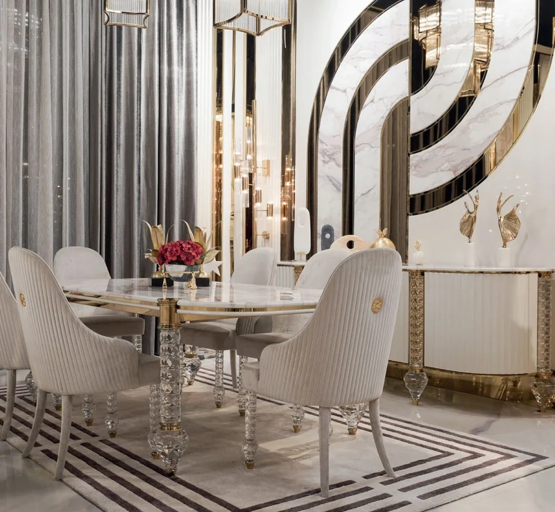 Casa Padrino Luxus Art Deco Esszimmer Stuhl 8er Set Grau / Gold 55 x 60 x H. 100 cm - Esszimmer Möbel - Restaurant Möbel - Art Deco Möbel - Luxus Möbel - Luxus Qualität