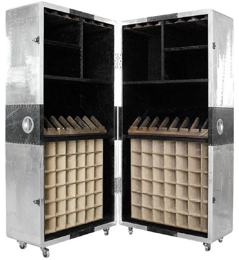 Casa Padrino Luxus Weinschrank im Koffer Design Silber / Schwarz 86 x 80 x H. 177 cm - Aluminium Barschrank - Kofferschrank - Flugzeug Möbel - Flieger Möbel - Aluminium Möbel - Luxus Bar Möbel