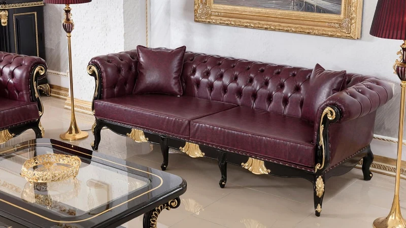Casa Padrino Luxus Barock Chesterfield Leder Sofa Bordeauxrot / Schwarz / Gold - Prunkvolles Wohnzimmer Echtleder Sofa - Barock Chesterfield Leder Möbel - Luxus Möbel im Barockstil