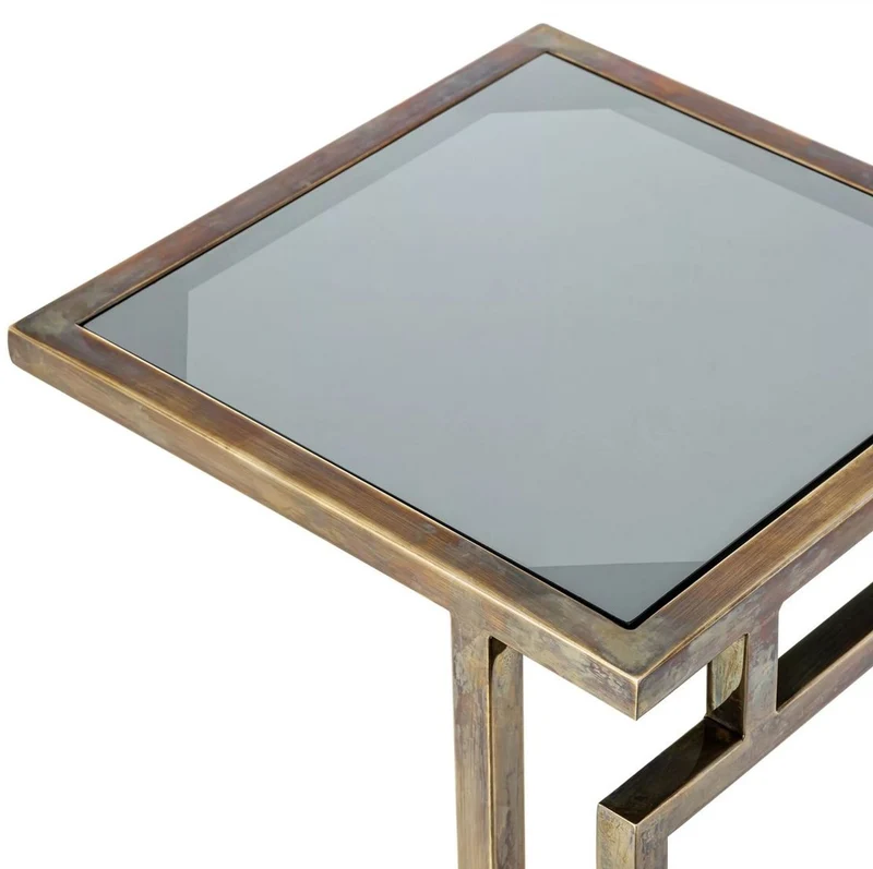 Casa Padrino Luxus Beistelltisch Vintage Messing / Grau 33 x 33 x H. 60 cm - Edelstahl Tisch mit Glasplatte - Wohnzimmer Möbel - Luxus Möbel - Luxus Einrichtung - Luxus Interior