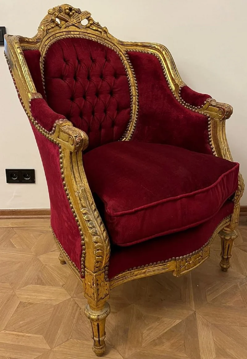 Casa Padrino Barock Wohnzimmer Sessel Bordeauxrot / Antik Gold - Handgefertigter Antik Stil Wohnzimmer Sessel - Wohnzimmer Möbel - Barock Möbel - Edel & Prunkvoll