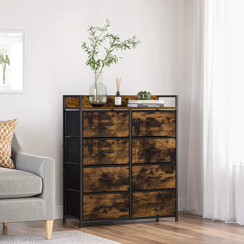 Songmics 8 Fabric Storage Drawer Dresser Tower Closet Storage Dresser Chest of Drawers Metal Frame with Handles Rustic Brown and Black