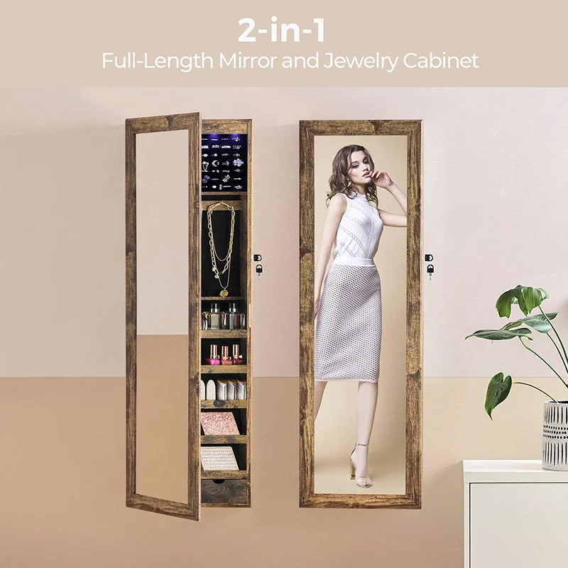 SONGMICS 6 LEDs Mirror Jewelry Cabinet Lockable, Wall Mounted, Rustic Brown