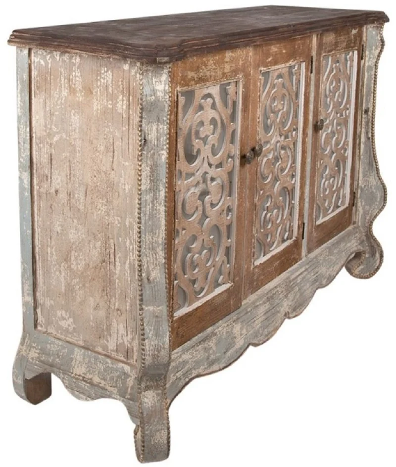 Casa Padrino Landhausstil Shabby Chic Sideboard mit 3 Türen Grau / Beige / Gold / Braun 132 x 42 x H. 92 cm - Landhausstil Möbel - Shabby Chic Möbel - Landhausstil Einrichtung