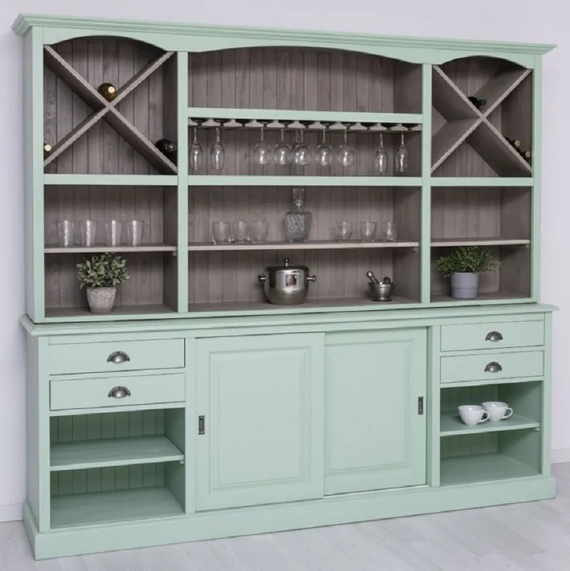 Casa Padrino Landhausstil Barschrank Mintgrün / Grau 240 x 50 x H. 210 cm - Massivholz Weinschrank im Landhausstil - Landhausstil Möbel - Bar Möbel im Landhausstil - Landhausstil Einrichtung