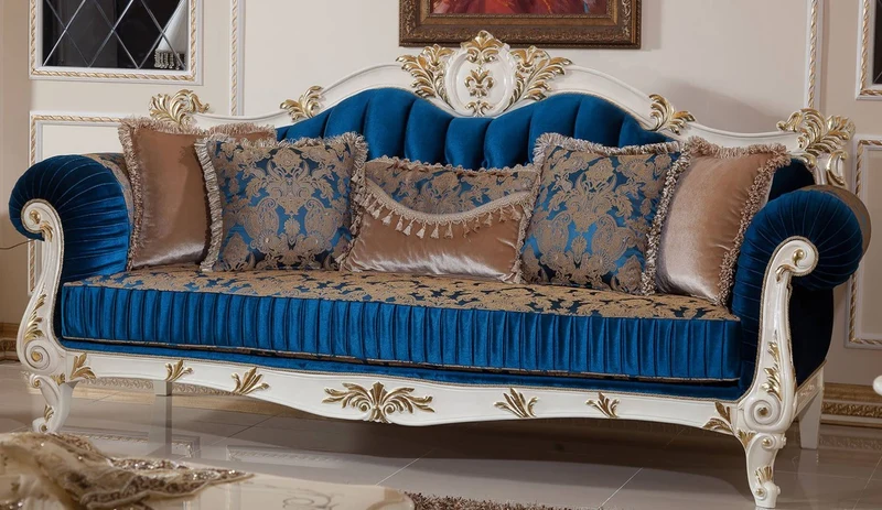 Casa Padrino Luxus Barock Wohnzimmer Set Blau / Braun / Weiß / Gold - 2 Barock Sofas & 2 Barock Sessel & 1 Barock Couchtisch - Wohnzimmer Möbel im Barockstil - Barock Möbel - Barock Einrichtung
