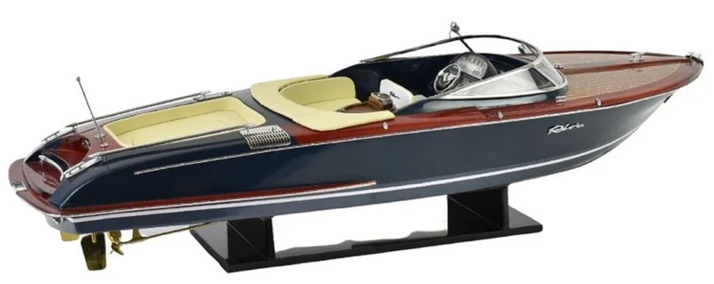 Casa Padrino Luxus Deko Speedboot mit Massivholz Ständer Mehrfarbig 89 x H. 28 cm - Handgefertigtes Deko Boot - Holzboot - Modellboot - Rennboot