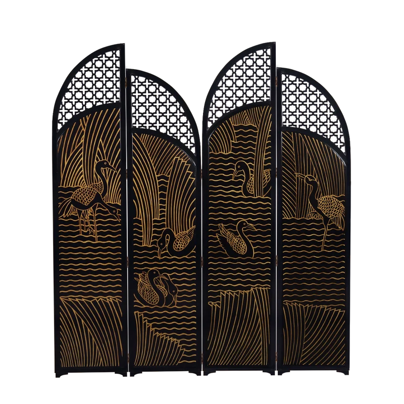 Casa Padrino Luxus Raumteiler Schwarz / Gold Enten im See Motiv 184 x H 206 cm - Vintage Style Paravent