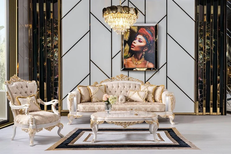 Casa Padrino Luxus Barock Sofa Beige / Weiß / Gold - Prunkvolles Wohnzimmer Sofa mit Glitzersteinen - Barockstil Wohnzimmer Möbel - Luxus Möbel im Barockstil - Barock Einrichtung - Edel & Prunkvoll