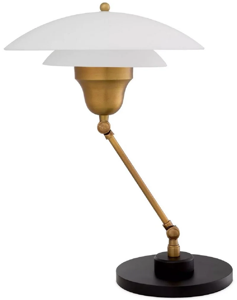 Casa Padrino Luxus Tischleuchte Antik Messing / Schwarz / Weiß Ø 42 x H. 55 cm - Verstellbare Schreibtschleuchte mit rundem Glas Lampenschirm - Luxus Leuchten - Luxus Möbel - Luxus Interior