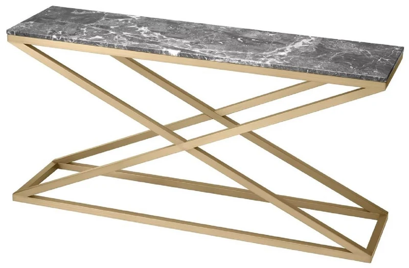 Casa Padrino Luxus Konsole Messing / Grau 150 x 40 x H. 74 cm - Rechteckiger Edelstahl Konsolentisch mit Marmorplatte - Wohnzimmer Möbel - Hotel Möbel - Luxus Möbel - Luxus Einrichtung