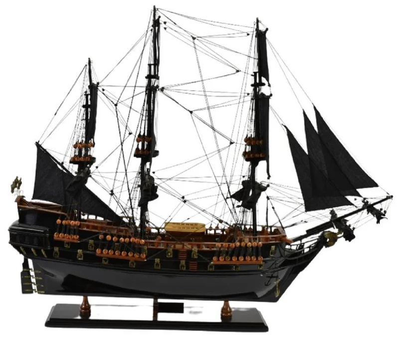 Casa Padrino Luxus Piratenschiff Black Pearl Schwarz / Braun 87 x 27 x H. 73 cm - Handgefertigtes Deko Schiff - Holzschiff - Segelschiff - Kriegsschiff - Modellschiff - Deko Accessoires