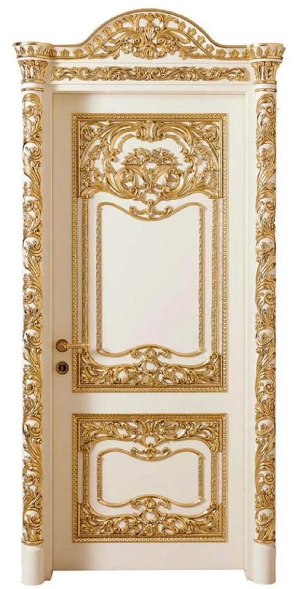 Casa Padrino Luxus Barock Wohnungstür Weiß / Gold - Prunkvolle Massivholz Tür mit Rahmen - Luxus Möbel im Barockstil - Barock Möbel - Hotel Möbel - Barock Einrichtung - Edel & Prunkvoll