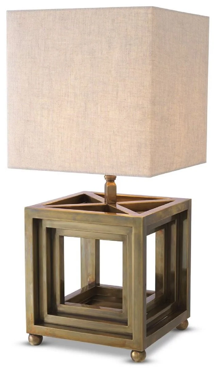 Casa Padrino Luxus Tischleuchte Vintage Messing / Beige 30 x 30 x H. 65,5 cm - Schreibtischleuchte mit quadratischem Lampenschirm - Luxus Tischleuchten - Luxus Schreibtischleuchten