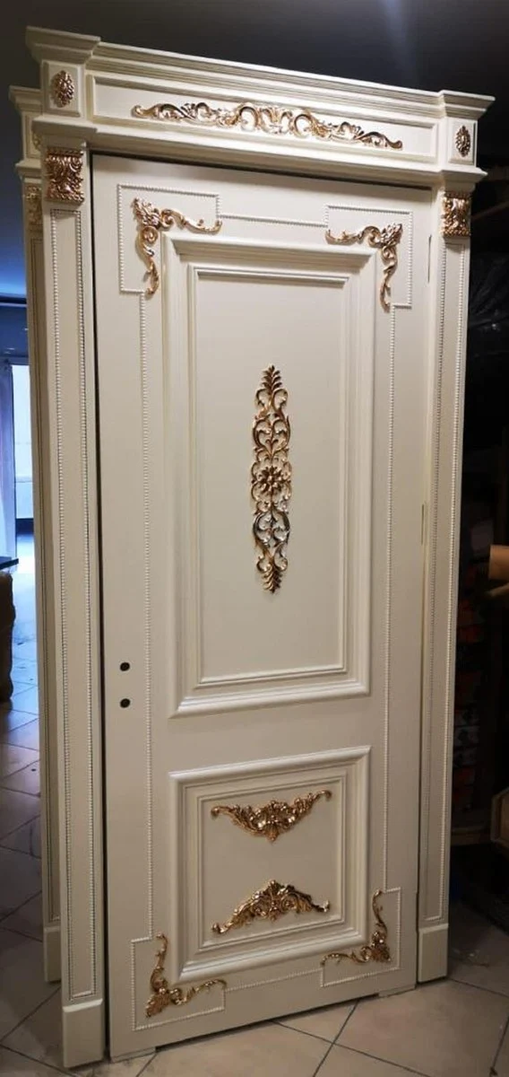 Casa Padrino Luxus Barock Wohnungstür Weiß / Gold - Prunkvolle Massivholz Tür mit Rahmen - Luxus Möbel im Barockstil - Hotel Möbel - Barock Möbel - Barock Einrichtung - Edel & Prunkvoll