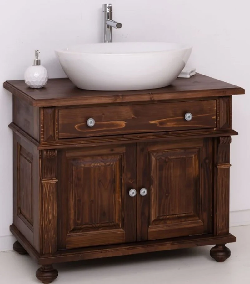 Casa Padrino Landhausstil Badezimmer Set Dunkelbraun / Weiß - 1 Waschbeckenschrank & 1 Ovales Keramik Waschbecken - Badezimmer Möbel im Landhausstil - Landhausstil Möbel - Landhausstil Einrichtung