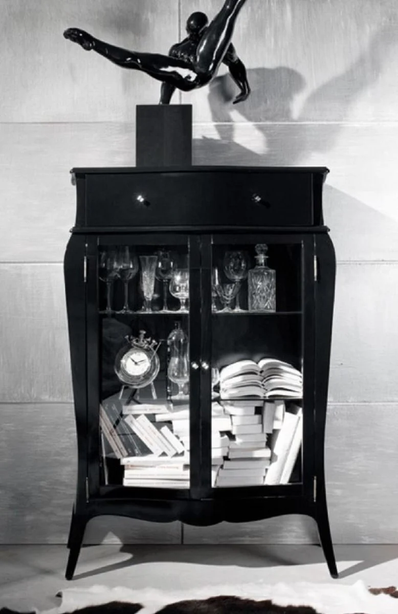 Casa Padrino Luxus Barock Vitrine Hochglanz Schwarz - Massivholz Vitrinenschrank mit 2 Glastüren und Schublade - Luxus Möbel im Barockstil - Barock Möbel - Barock Einrichtung - Edel & Prunkvoll