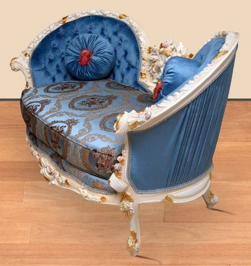 Casa Padrino Barock Sofa Blau Muster / Creme / Weiß / Gold - Handgefertigtes Wohnzimmer Sofa im Barockstil - Prunkvolle Barock Wohnzimmer Möbel