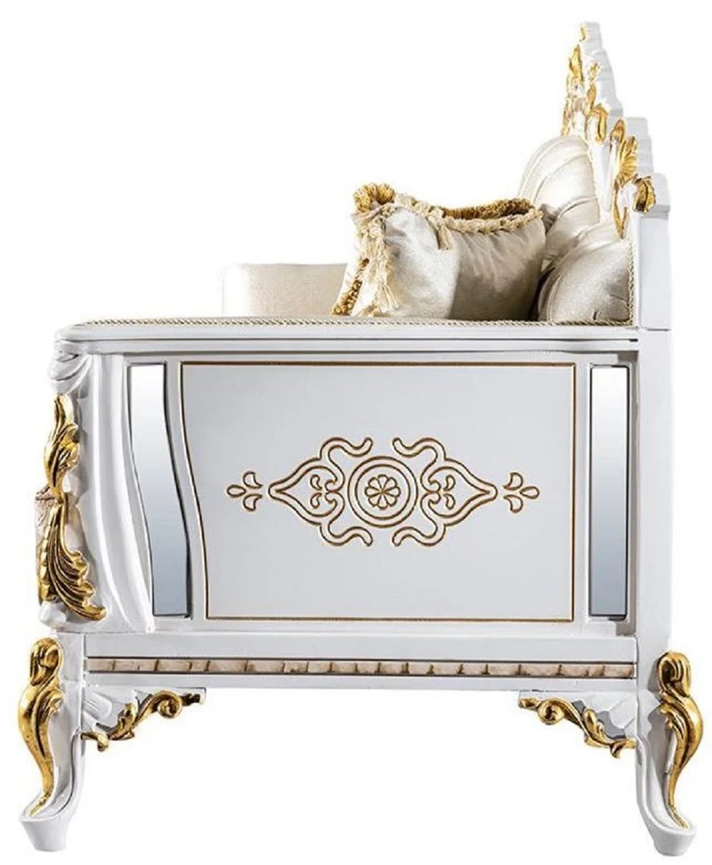 Casa Padrino Luxus Barock Sofa Gold / Silber / Braun / Weiß / Gold - Prunkvolles Wohnzimmer Sofa mit Glitzersteinen - Barockstil Wohnzimmer Möbel - Luxus Möbel im Barockstil - Barock Einrichtung