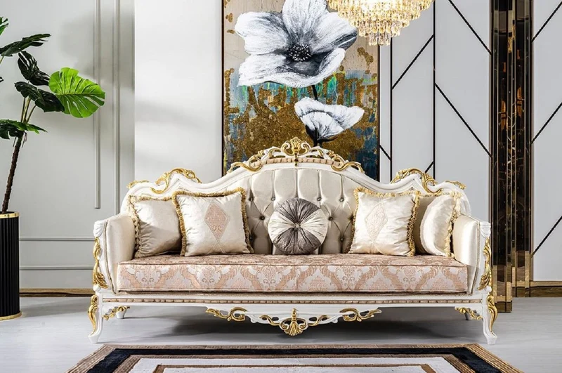 Casa Padrino Luxus Barock Sofa Gold / Silber / Braun / Weiß / Gold - Prunkvolles Wohnzimmer Sofa mit Glitzersteinen - Barockstil Wohnzimmer Möbel - Luxus Möbel im Barockstil - Barock Einrichtung