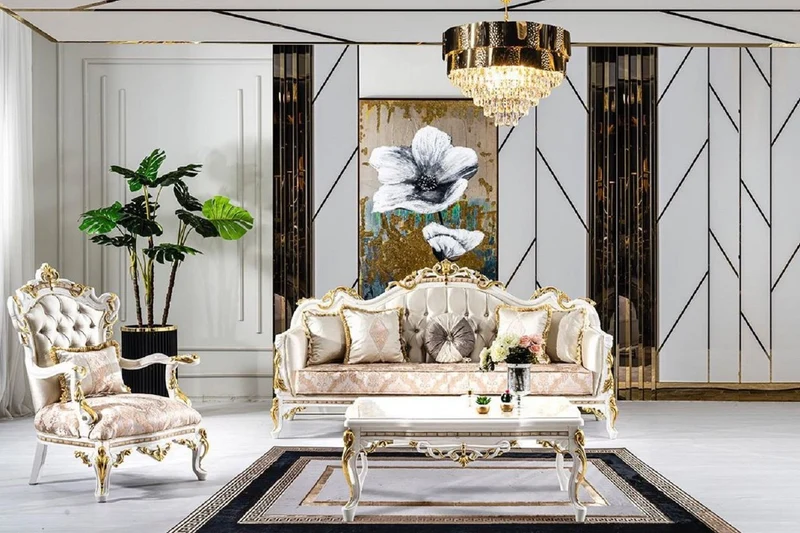 Casa Padrino Luxus Barock Sofa Gold / Silber / Braun / Weiß / Gold - Prunkvolles Wohnzimmer Sofa mit Glitzersteinen - Barockstil Wohnzimmer Möbel - Luxus Möbel im Barockstil - Barock Einrichtung