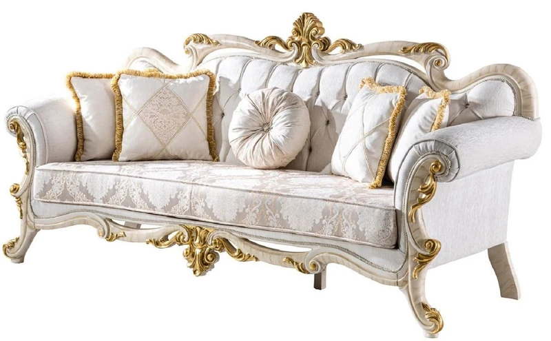 Casa Padrino Luxus Barock Sofa Weiß / Braun / Weiß / Beige / Gold - Prunkvolles Wohnzimmer Sofa mit Glitzersteinen - Barockstil Wohnzimmer Möbel - Luxus Möbel im Barockstil - Barock Einrichtung