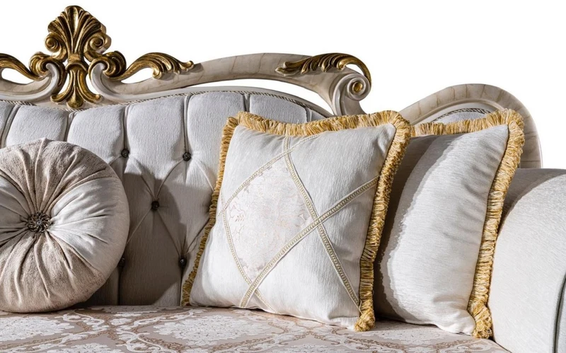 Casa Padrino Luxus Barock Sofa Weiß / Braun / Weiß / Beige / Gold - Prunkvolles Wohnzimmer Sofa mit Glitzersteinen - Barockstil Wohnzimmer Möbel - Luxus Möbel im Barockstil - Barock Einrichtung