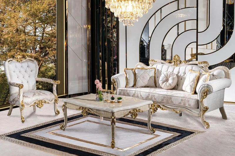 Casa Padrino Luxus Barock Sofa Weiß / Braun / Weiß / Beige / Gold - Prunkvolles Wohnzimmer Sofa mit Glitzersteinen - Barockstil Wohnzimmer Möbel - Luxus Möbel im Barockstil - Barock Einrichtung