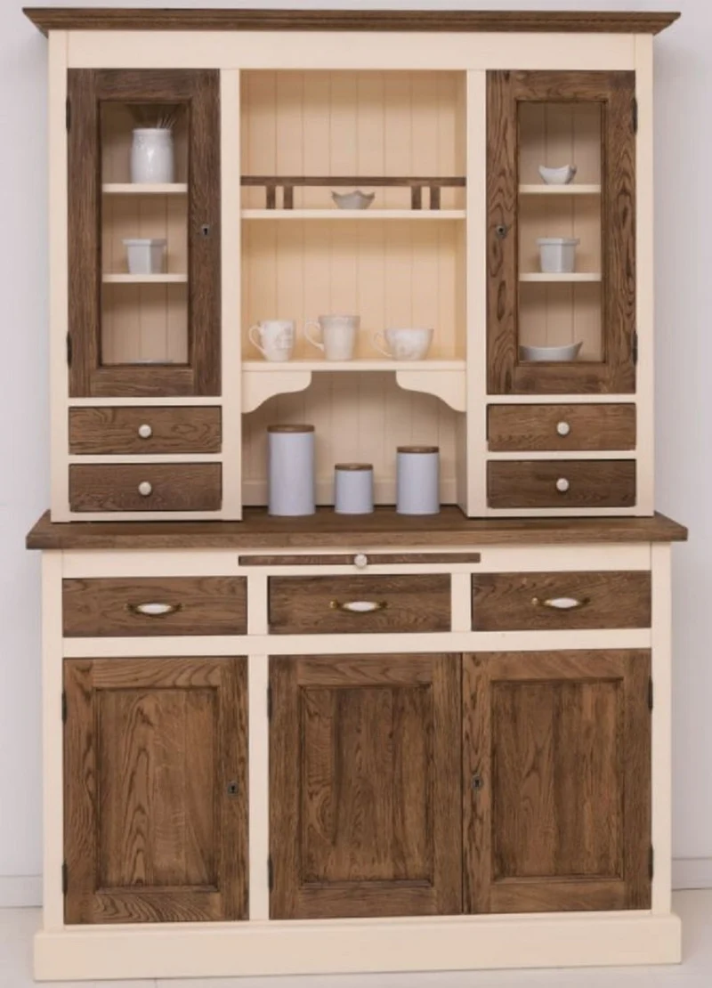 Casa Padrino Landhausstil Esszimmerschrank Creme / Dunkelbraun 137 x 50 x H. 197 cm - Massivholz Küchenschrank - Esszimmer Möbel im Landhausstil - Landhausstil Esszimmer Einrichtung