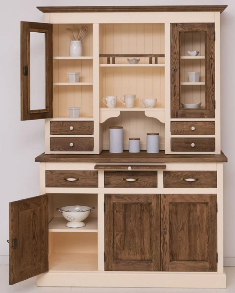 Casa Padrino Landhausstil Esszimmerschrank Creme / Dunkelbraun 137 x 50 x H. 197 cm - Massivholz Küchenschrank - Esszimmer Möbel im Landhausstil - Landhausstil Esszimmer Einrichtung