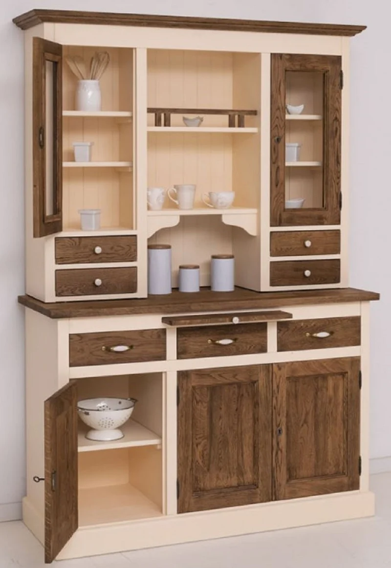 Casa Padrino Landhausstil Esszimmerschrank Creme / Dunkelbraun 137 x 50 x H. 197 cm - Massivholz Küchenschrank - Esszimmer Möbel im Landhausstil - Landhausstil Esszimmer Einrichtung