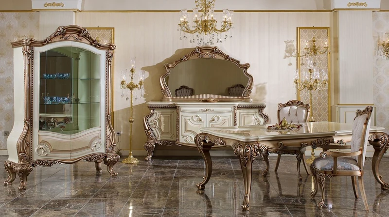Casa Padrino Luxus Barock Esszimmer Set Weiß / Kupfer - 1 Barock Esstisch & 6 Barock Esszimmerstühle - Barock Esszimmer Möbel - Luxus Möbel im Barockstil - Edel & Prunkvoll