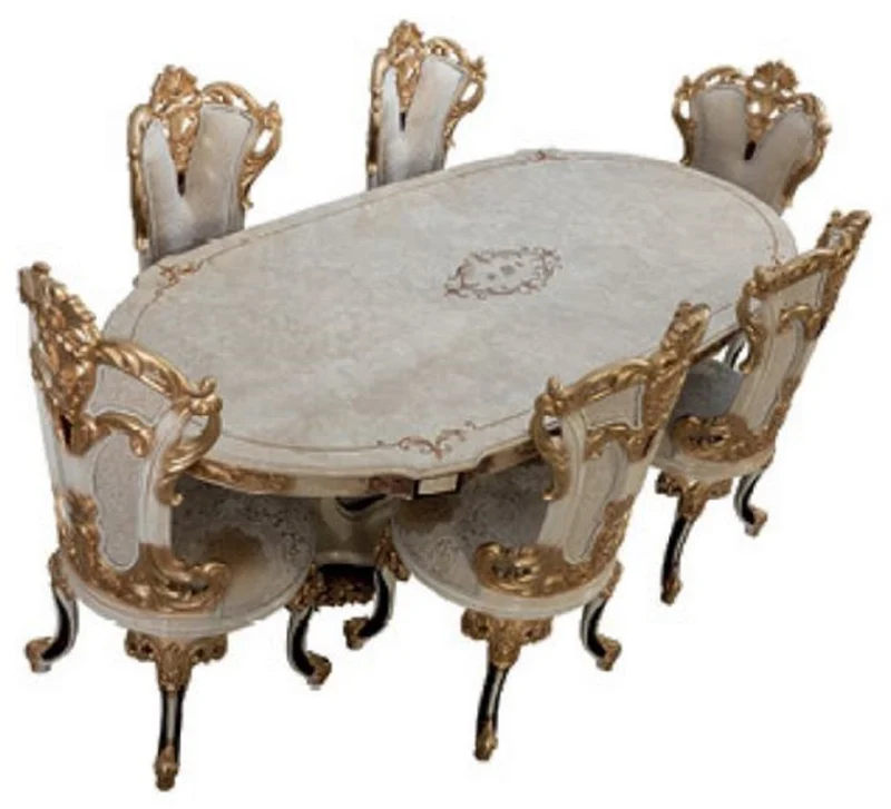 Casa Padrino Luxus Barock Esszimmer Set Creme / Weiß / Gold - 1 Barock Esstisch & 6 Barock Esszimmerstühle - Barock Esszimmer Möbel - Luxus Möbel im Barockstil - Edel & Prunkvoll