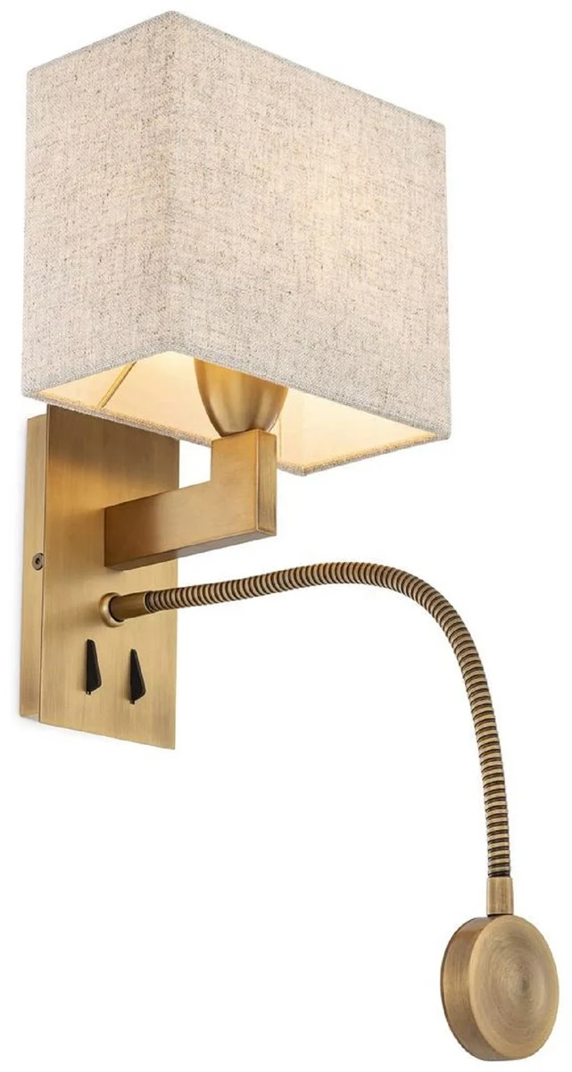 Casa Padrino Luxus Wandleuchte Antik Messing / Beige 19 x 17 x H. 32 cm - Wandlampe mit schwenbarer LED Leseleuchte - Hotel Leuchten - Luxus Leuchten - Luxus Wandleuchten - Luxus Qualität