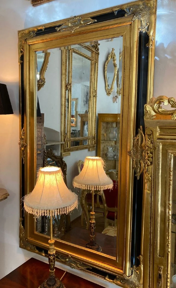Casa Padrino Barock Spiegel Gold / Schwarz - Barockstil Spiegel mit Verzierungen - Rechteckiger Barockstil Wandspiegel - Barock Garderoben Spiegel - Barock Möbel - Möbel Barockstil